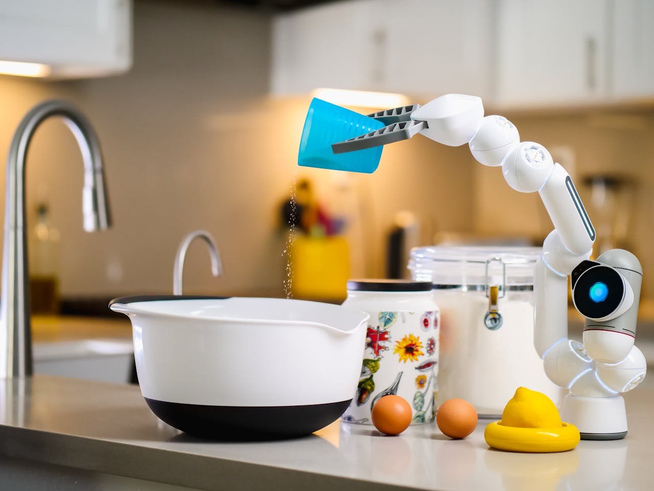 Hello world! A robotic arm carefully pouring ingredients into a mixing bowl in a modern kitchen setting.